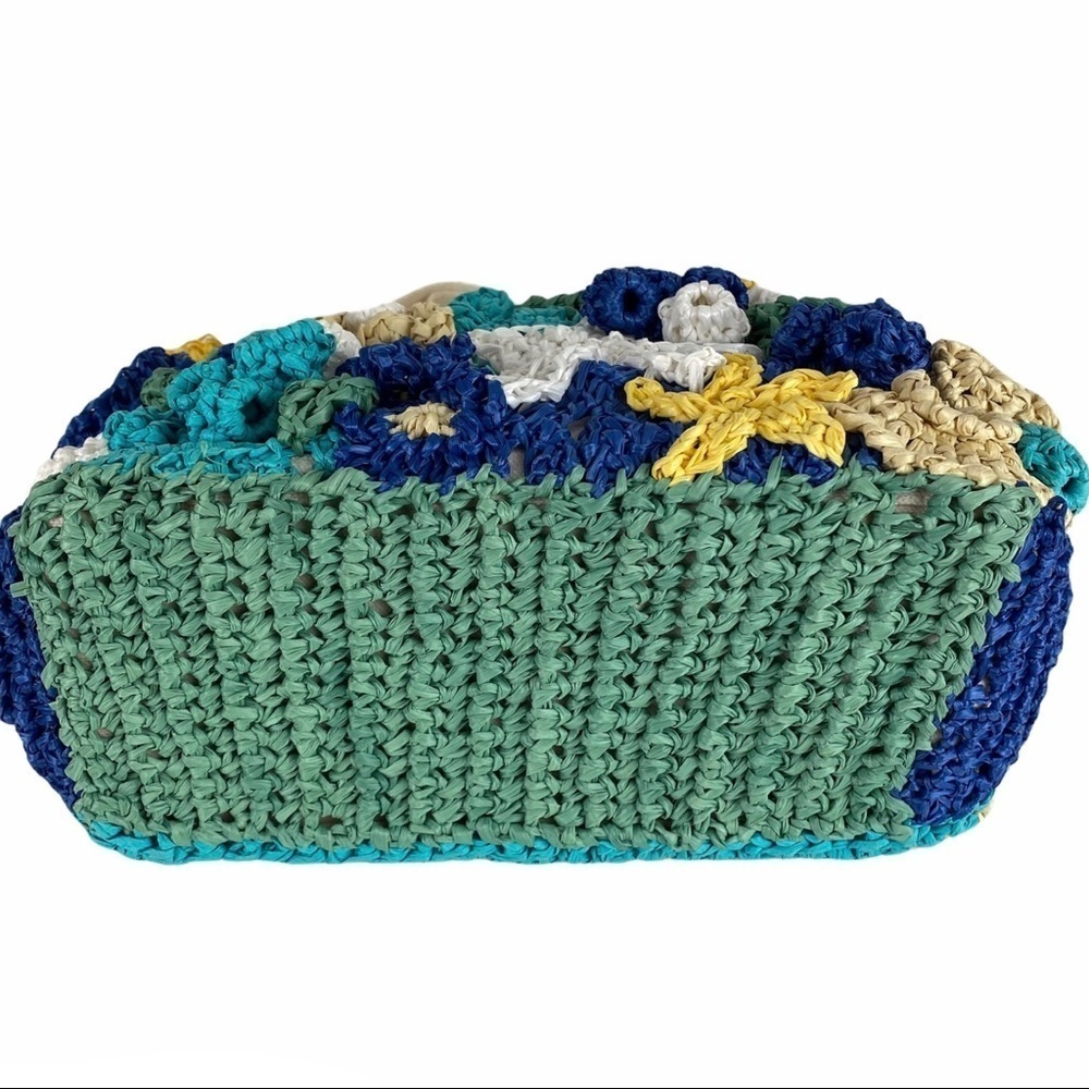 Vintage Woven Satchel Bag Purse Straw Floral Multi Colored Blue White So Cute - Picture 7 of 9